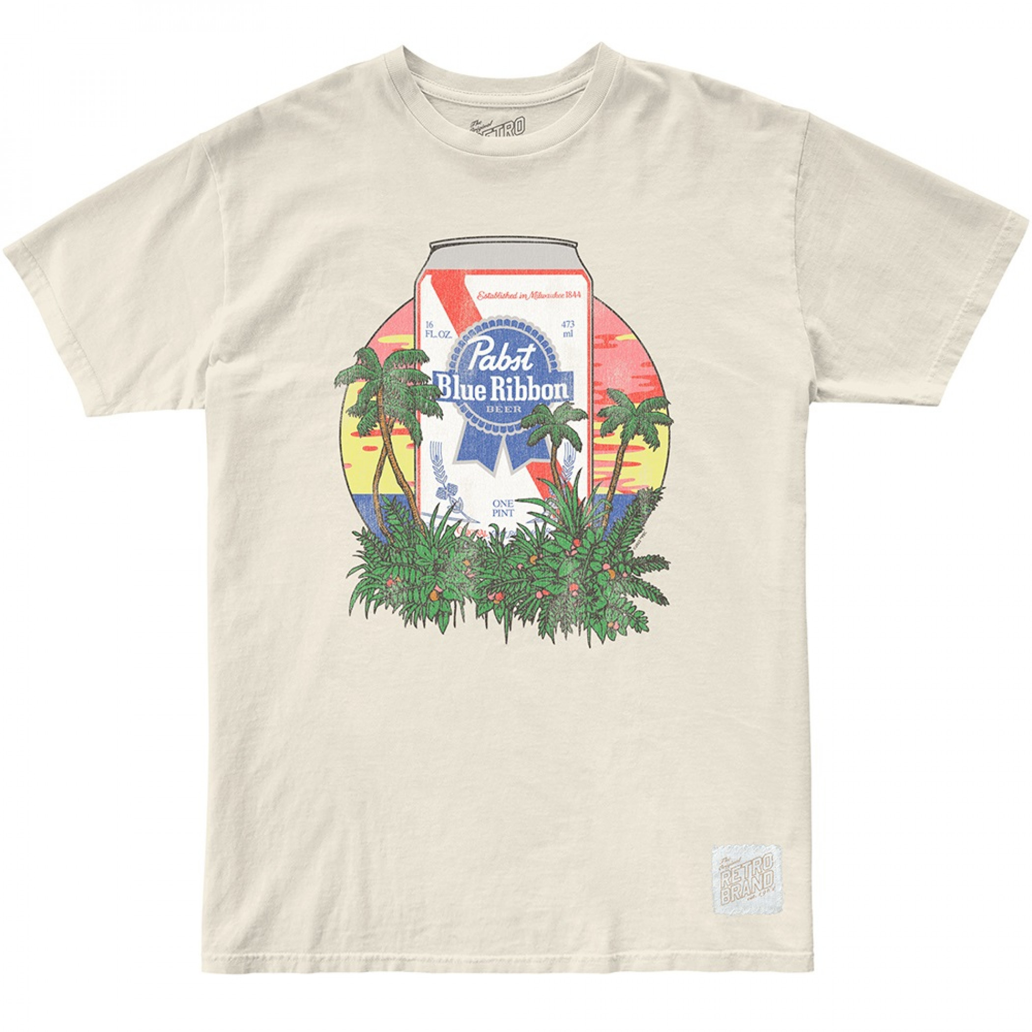 Pabst Blue Ribbon Can with Tropical Sunset Vintage Style T-Shirt